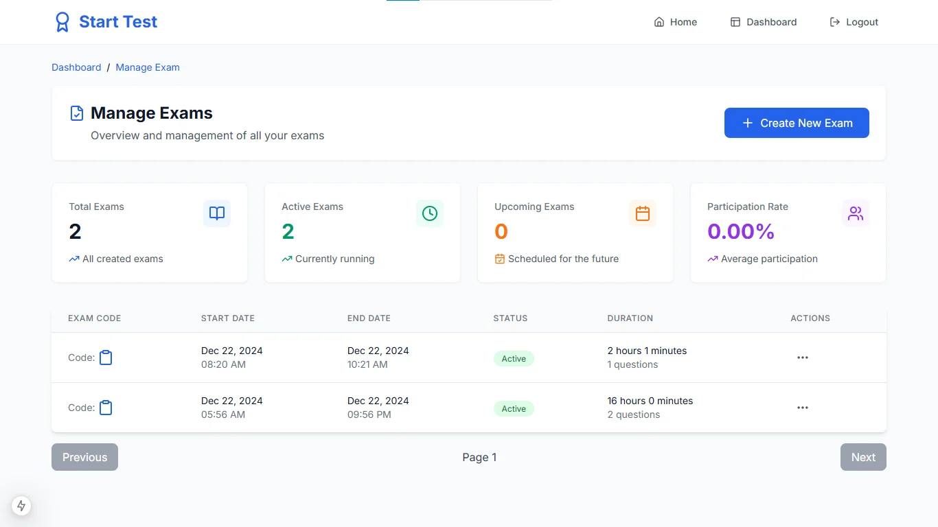 Exam management dashboard